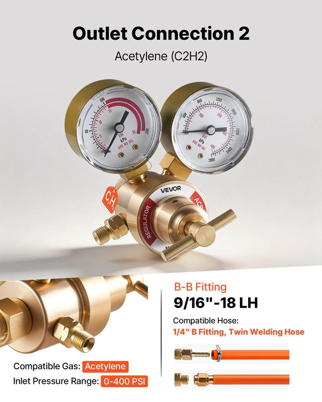 Alt view image 4 of 8 - VEVOR Oxygen Acetylene Regulator Set, Oxy-Acetylene Regulators, 0-4000PSI and 0-400PSI Welding Gas Gauges with CGA-540/CGA-200 Inlet Connection & 9/16"-18 Outlet Connection, T-Handle Adjustment