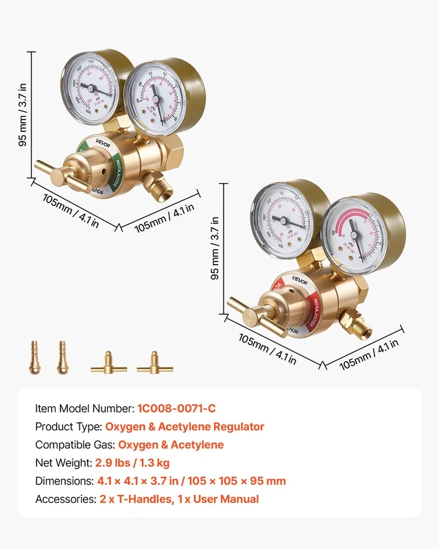 Alt view image 7 of 8 - VEVOR Oxygen Acetylene Regulator Set, Oxy-Acetylene Regulators, 0-4000PSI and 0-400PSI Welding Gas Gauges with CGA-540/CGA-200 Inlet Connection & 9/16"-18 Outlet Connection, T-Handle Adjustment