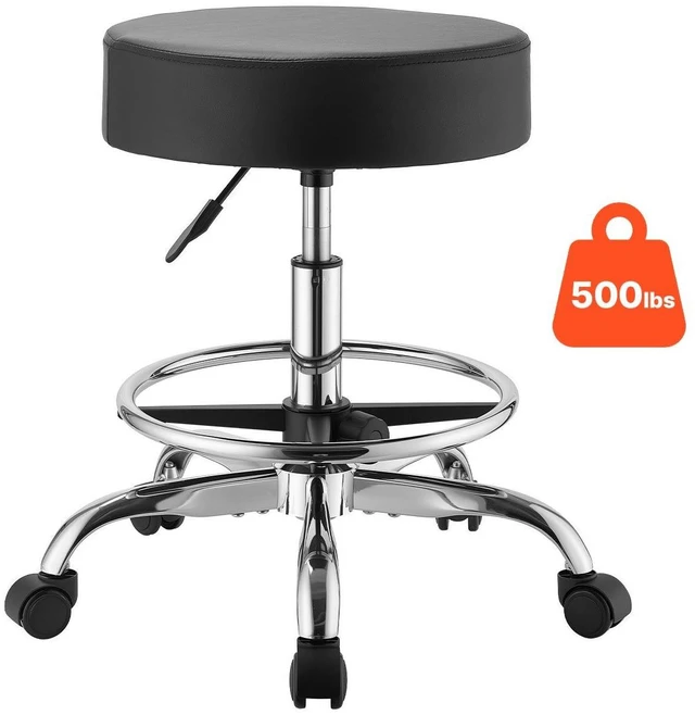 Main image of VEVOR Rolling Stool with Wheels Footrest, 500 lbs Weight Capacity, Height Adjustable, Thick Cushion Ergonomic PU Leather Seat, 360° Swivel Round Rolling Stool Chair for Salon, Clinic, Medical, Black
