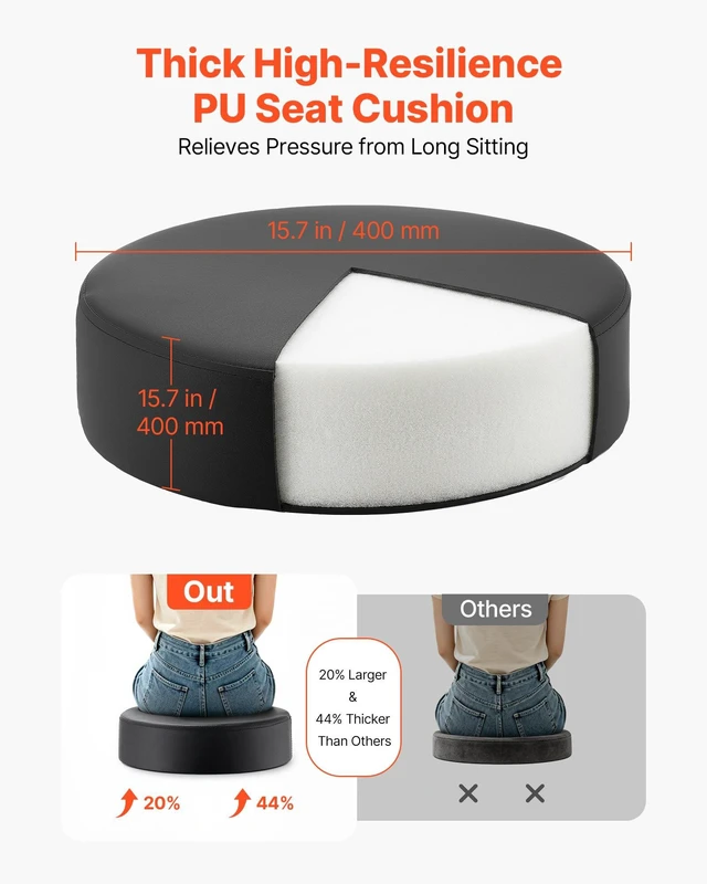 Alt view image 3 of 8 - VEVOR Rolling Stool with Wheels Footrest, 500 lbs Weight Capacity, Height Adjustable, Thick Cushion Ergonomic PU Leather Seat, 360° Swivel Round Rolling Stool Chair for Salon, Clinic, Medical, Black