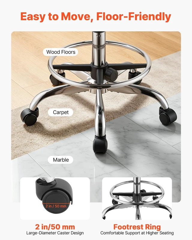 Alt view image 5 of 8 - VEVOR Rolling Stool with Wheels Footrest, 500 lbs Weight Capacity, Height Adjustable, Thick Cushion Ergonomic PU Leather Seat, 360° Swivel Round Rolling Stool Chair for Salon, Clinic, Medical, Black