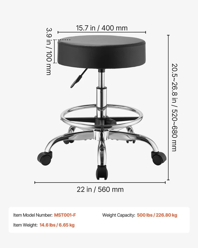 Alt view image 7 of 8 - VEVOR Rolling Stool with Wheels Footrest, 500 lbs Weight Capacity, Height Adjustable, Thick Cushion Ergonomic PU Leather Seat, 360° Swivel Round Rolling Stool Chair for Salon, Clinic, Medical, Black