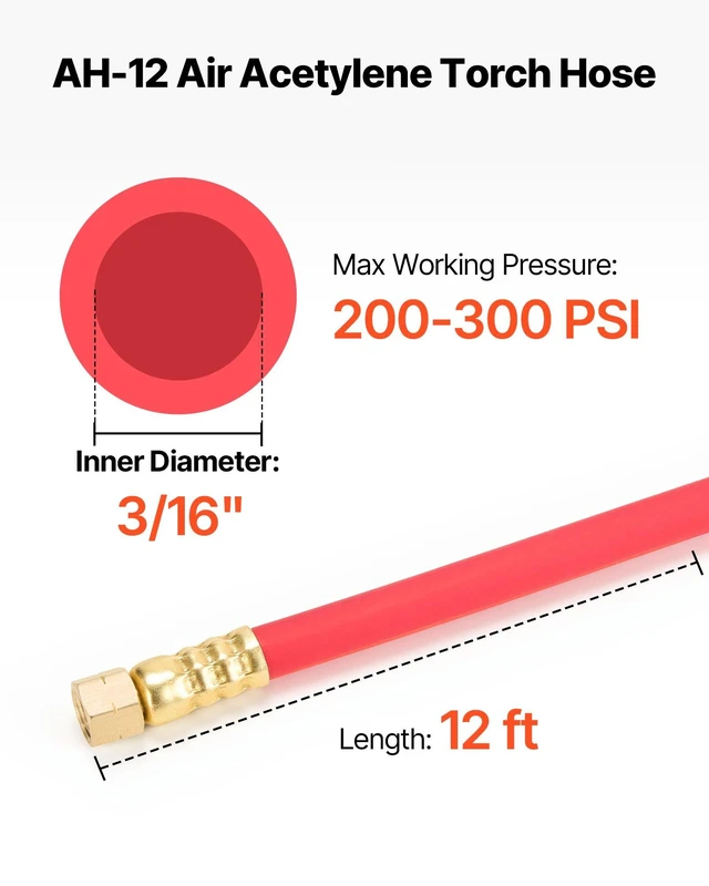 Alt view image 2 of 8 - VEVOR Air Acetylene Torch Hose, 3/16-Inch x 12FT Acetylene Welding Hose with 3/8"-24 LH A-Type Fittings, AH-12 R Grade Welding Torchs Hose Compatible with AR-B/AR-MC Regulators