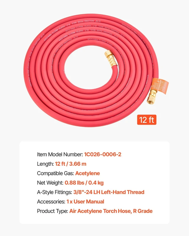 Alt view image 7 of 8 - VEVOR Air Acetylene Torch Hose, 3/16-Inch x 12FT Acetylene Welding Hose with 3/8"-24 LH A-Type Fittings, AH-12 R Grade Welding Torchs Hose Compatible with AR-B/AR-MC Regulators