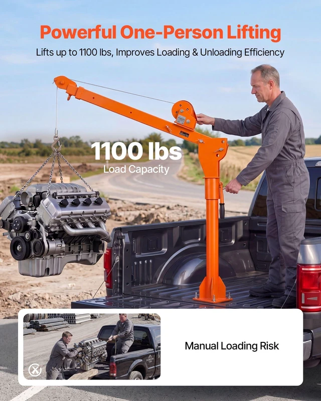 Alt view image 2 of 8 - VEVOR Truck Crane, 1100 lbs Manual Pickup Truck Crane with Hand Winch, 360° Rotating Telescopic Boom, Premium Galvanized Steel, Foldable Pickup Bed Jib for Machine Lumber Attic Heavy Load Lifting