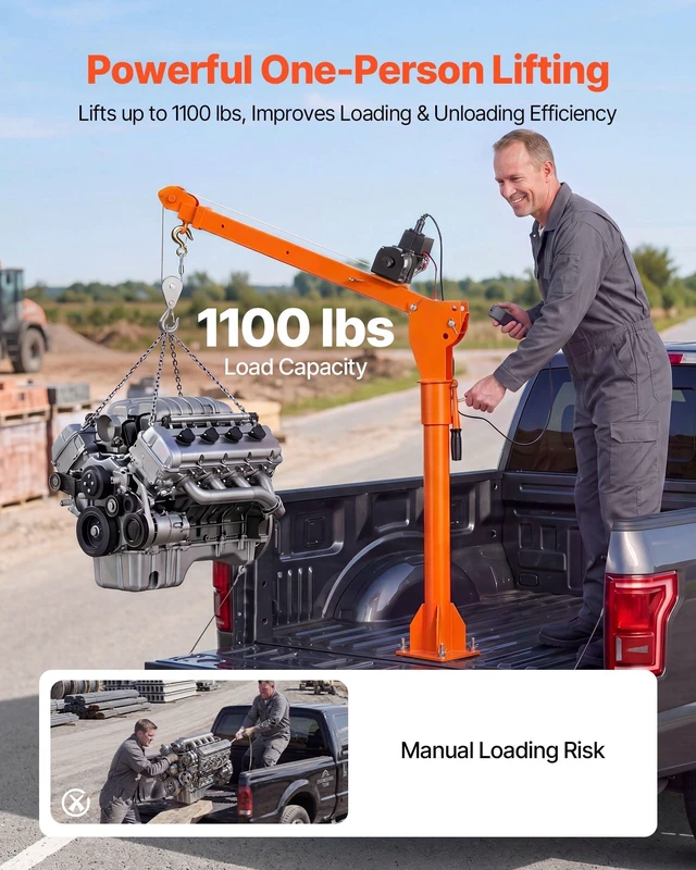Alt view image 2 of 8 - VEVOR Electric Truck Crane, 1100 lbs Pickup Truck Crane with 12V 3000 lbs Electric Winch, 360° Rotating Telescopic Boom, Premium Galvanized Steel, Foldable Pickup Bed Jib for Machine Lumber Lifting