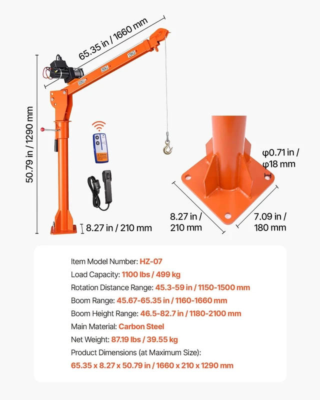 Alt view image 6 of 8 - VEVOR Electric Truck Crane, 1100 lbs Pickup Truck Crane with 12V 3000 lbs Electric Winch, 360° Rotating Telescopic Boom, Premium Galvanized Steel, Foldable Pickup Bed Jib for Machine Lumber Lifting