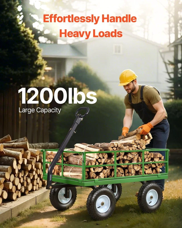 Alt view image 2 of 8 - VEVOR Steel Garden Cart, 1200 lbs Heavy Duty Pullable Garden Wagon Yard Cart, 2 in 1 Outdoor Metal Utility Wagon Yard Trailer with 13" All Terrain Tires, Mesh Detachable Sides and 180° Rotating Handle