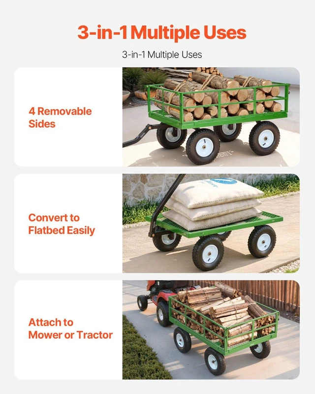 Alt view image 3 of 8 - VEVOR Steel Garden Cart, 1200 lbs Heavy Duty Pullable Garden Wagon Yard Cart, 2 in 1 Outdoor Metal Utility Wagon Yard Trailer with 13" All Terrain Tires, Mesh Detachable Sides and 180° Rotating Handle