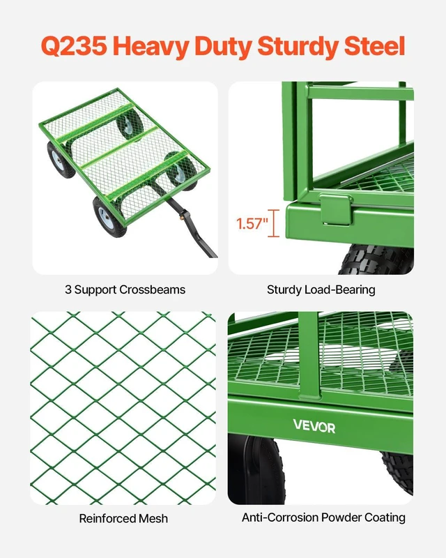 Alt view image 4 of 8 - VEVOR Steel Garden Cart, 1200 lbs Heavy Duty Pullable Garden Wagon Yard Cart, 2 in 1 Outdoor Metal Utility Wagon Yard Trailer with 13" All Terrain Tires, Mesh Detachable Sides and 180° Rotating Handle