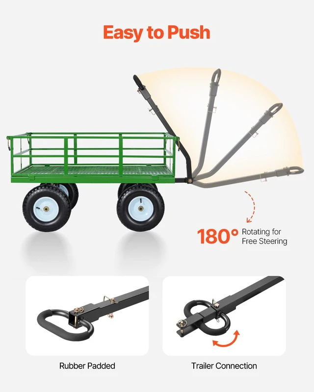 Alt view image 6 of 8 - VEVOR Steel Garden Cart, 1200 lbs Heavy Duty Pullable Garden Wagon Yard Cart, 2 in 1 Outdoor Metal Utility Wagon Yard Trailer with 13" All Terrain Tires, Mesh Detachable Sides and 180° Rotating Handle