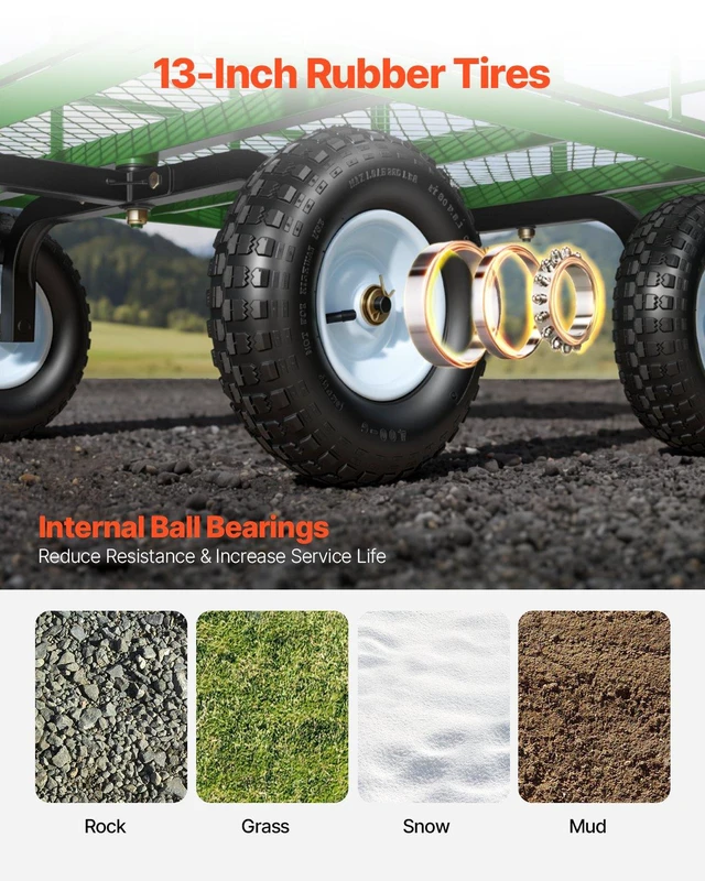 Alt view image 5 of 8 - VEVOR Steel Garden Cart, 1200 lbs Heavy Duty Pullable Garden Wagon Yard Cart, 2 in 1 Outdoor Metal Utility Wagon Yard Trailer with 13" All Terrain Tires, Mesh Detachable Sides and 180° Rotating Handle