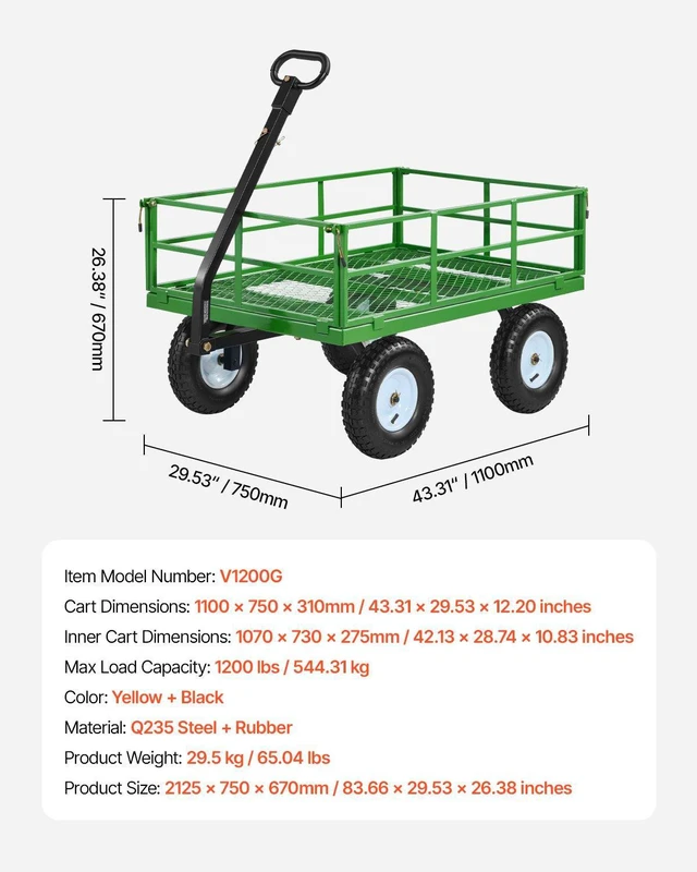 Alt view image 7 of 8 - VEVOR Steel Garden Cart, 1200 lbs Heavy Duty Pullable Garden Wagon Yard Cart, 2 in 1 Outdoor Metal Utility Wagon Yard Trailer with 13" All Terrain Tires, Mesh Detachable Sides and 180° Rotating Handle