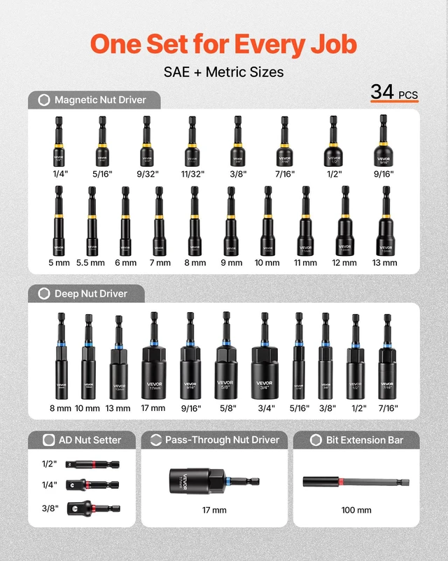 Alt view image 2 of 8 - VEVOR Master Magnetic Impact Nut Driver Set 34-Piece, Metric & SAE Sizes, with Nut Setter, Quick Release Extension, Wing Nut Driver, Storage Box, Versatile for Automotive, Machinery, and DIY Tasks