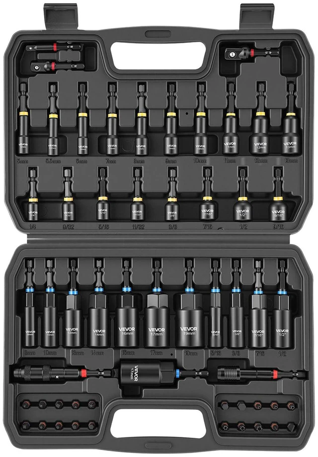 Main image of VEVOR Master Magnetic Impact Nut Driver Set 55PCS, Metric & SAE Sizes, with Socket Adapters, Bit Holder, Wing Nut Driver, Pivoting Nutsetter, Quick Release Extension, Power Bits, Storage Box