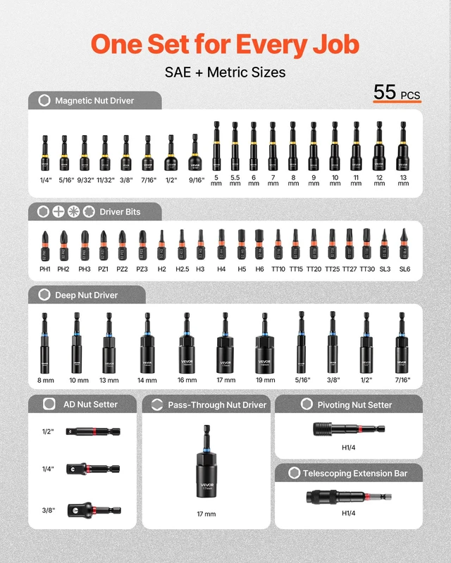 Alt view image 2 of 8 - VEVOR Master Magnetic Impact Nut Driver Set 55PCS, Metric & SAE Sizes, with Socket Adapters, Bit Holder, Wing Nut Driver, Pivoting Nutsetter, Quick Release Extension, Power Bits, Storage Box