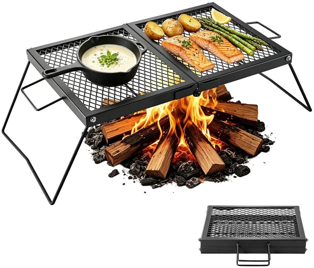 Main image of VEVOR Heavy Duty Folding Campfire Grill, 24" Portable Camping Grill Grate, Sturdy Steel Mesh, Compact Equipment Over Fire Pit, with Legs and Handle, Grilling Rack for Outdoor Open Flame Cooking, Black