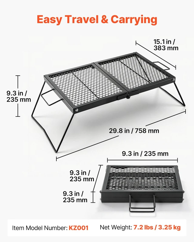 Alt view image 2 of 8 - VEVOR Heavy Duty Folding Campfire Grill, 24" Portable Camping Grill Grate, Sturdy Steel Mesh, Compact Equipment Over Fire Pit, with Legs and Handle, Grilling Rack for Outdoor Open Flame Cooking, Black