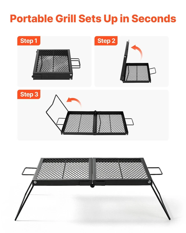 Alt view image 4 of 8 - VEVOR Heavy Duty Folding Campfire Grill, 24" Portable Camping Grill Grate, Sturdy Steel Mesh, Compact Equipment Over Fire Pit, with Legs and Handle, Grilling Rack for Outdoor Open Flame Cooking, Black