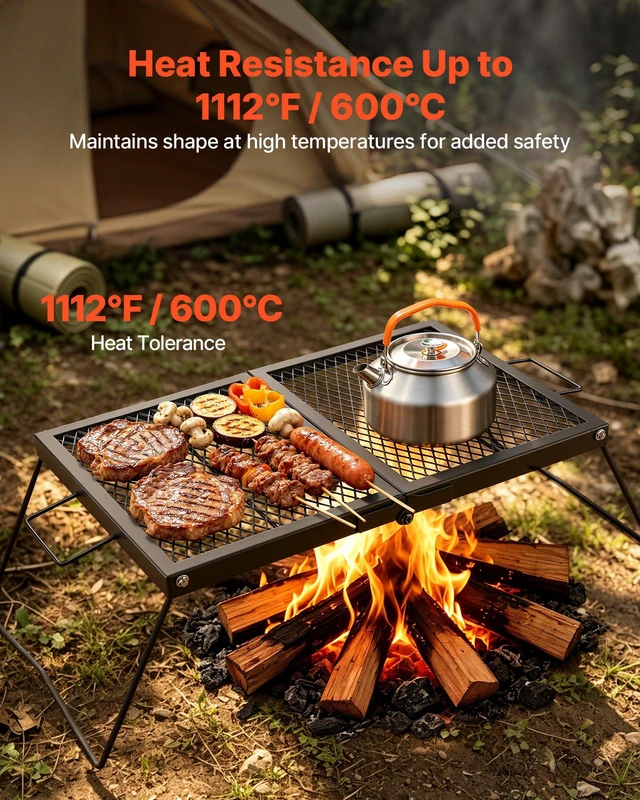 Alt view image 5 of 8 - VEVOR Heavy Duty Folding Campfire Grill, 24" Portable Camping Grill Grate, Sturdy Steel Mesh, Compact Equipment Over Fire Pit, with Legs and Handle, Grilling Rack for Outdoor Open Flame Cooking, Black
