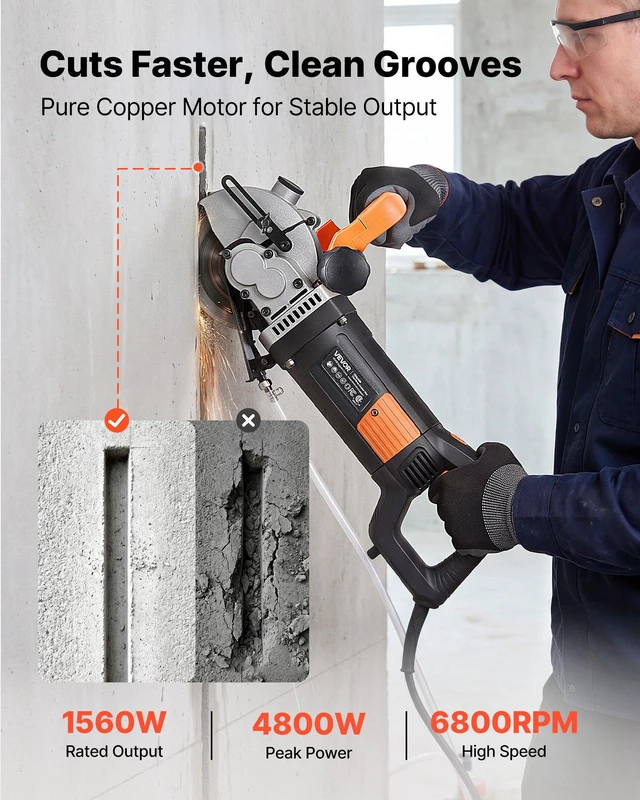 Alt view image 2 of 8 - VEVOR Wall Chaser, 4800W Electric Wall Groove Cutting Machine, 6800 RPM Max Speed, Concrete Slotting Cutter with Guide Line, 5 pcs Blades, Adjustable Handle for Cutting Grooves in Brick, Concrete