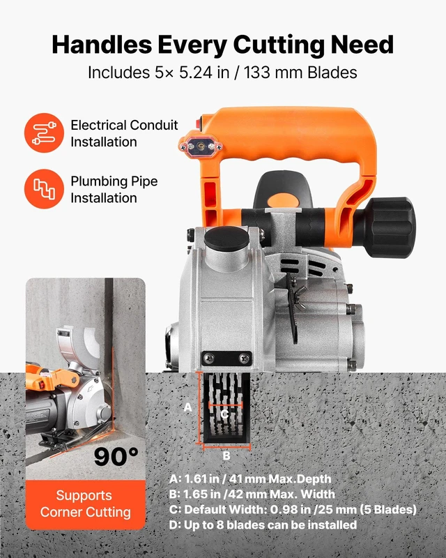 Alt view image 5 of 8 - VEVOR Wall Chaser, 4800W Electric Wall Groove Cutting Machine, 6800 RPM Max Speed, Concrete Slotting Cutter with Guide Line, 5 pcs Blades, Adjustable Handle for Cutting Grooves in Brick, Concrete