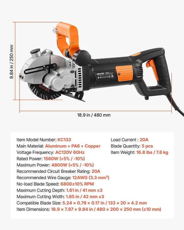 Alt view image 7 of 8 - VEVOR Wall Chaser, 4800W Electric Wall Groove Cutting Machine, 6800 RPM Max Speed, Concrete Slotting Cutter with Guide Line, 5 pcs Blades, Adjustable Handle for Cutting Grooves in Brick, Concrete