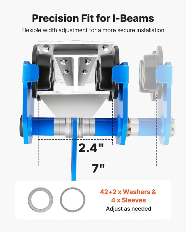 Alt view image 2 of 8 - VEVOR Manual Trolley, 2200 lbs/1 Ton Load Capacity, Push Beam Trolley with Dual Wheels, Adjustable for I-Beam Flange Width 2.4" to 7", Heavy Duty Carbon Steel Garage Hoist for Straight & Curved I Beam