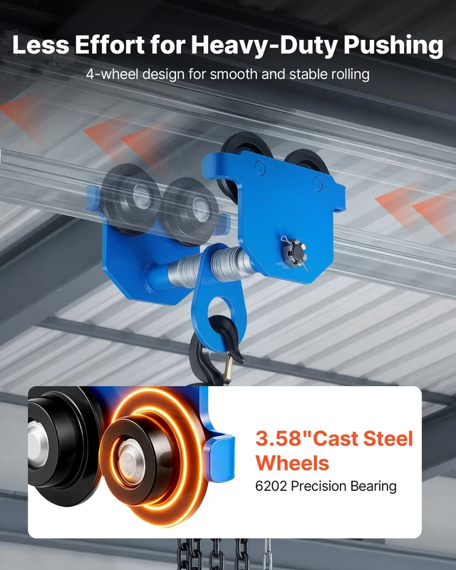 Alt view image 4 of 8 - VEVOR Manual Trolley, 2200 lbs/1 Ton Load Capacity, Push Beam Trolley with Dual Wheels, Adjustable for I-Beam Flange Width 2.4" to 7", Heavy Duty Carbon Steel Garage Hoist for Straight & Curved I Beam