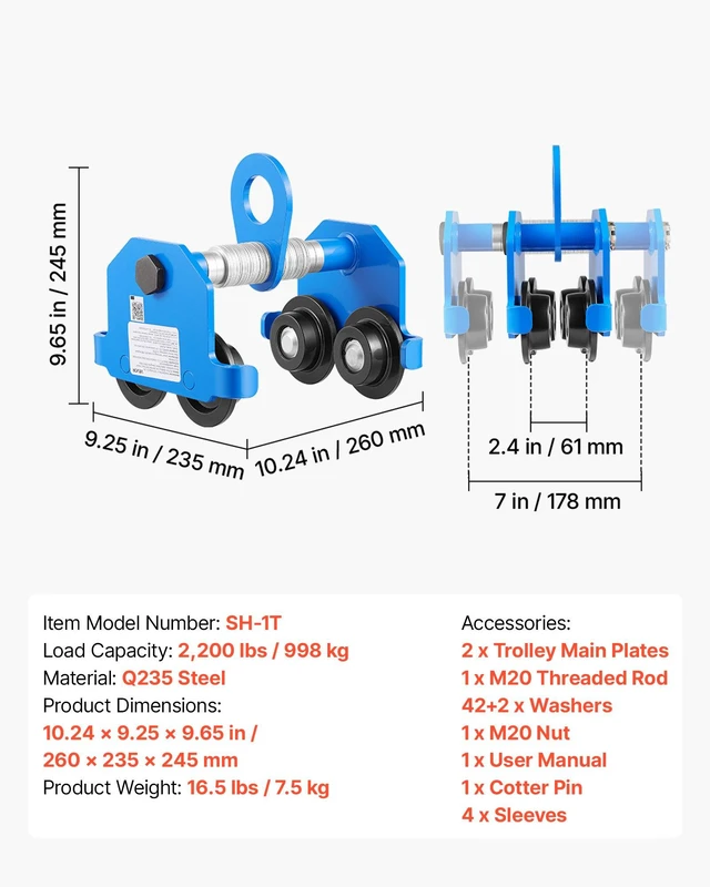 Alt view image 7 of 8 - VEVOR Manual Trolley, 2200 lbs/1 Ton Load Capacity, Push Beam Trolley with Dual Wheels, Adjustable for I-Beam Flange Width 2.4" to 7", Heavy Duty Carbon Steel Garage Hoist for Straight & Curved I Beam