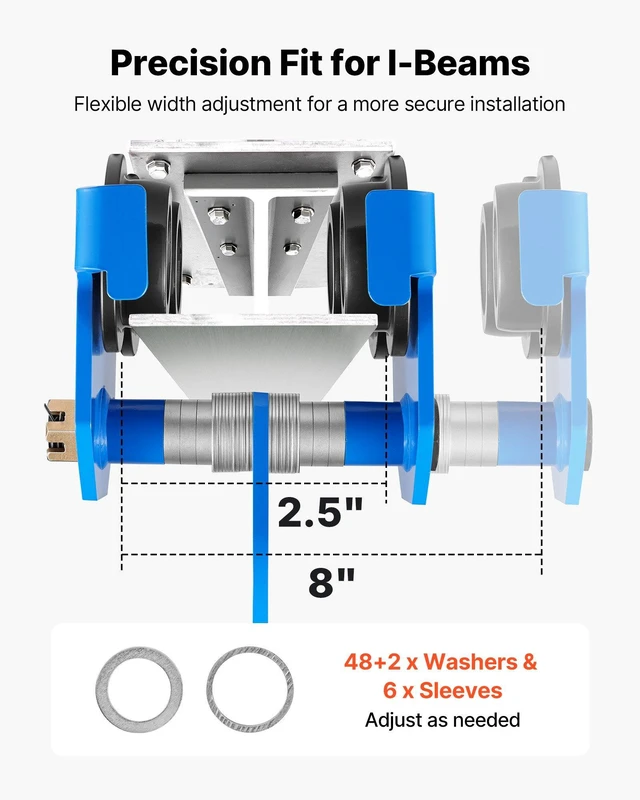 Alt view image 2 of 8 - VEVOR Manual Trolley, 6600 lbs/3 Ton Load Capacity, Push Beam Trolley with Dual Wheels, Adjustable for I-Beam Flange Width 2.5" to 8", Heavy Duty Carbon Steel Garage Hoist for Straight & Curved I Beam