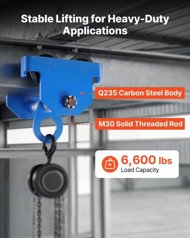 Alt view image 3 of 8 - VEVOR Manual Trolley, 6600 lbs/3 Ton Load Capacity, Push Beam Trolley with Dual Wheels, Adjustable for I-Beam Flange Width 2.5" to 8", Heavy Duty Carbon Steel Garage Hoist for Straight & Curved I Beam