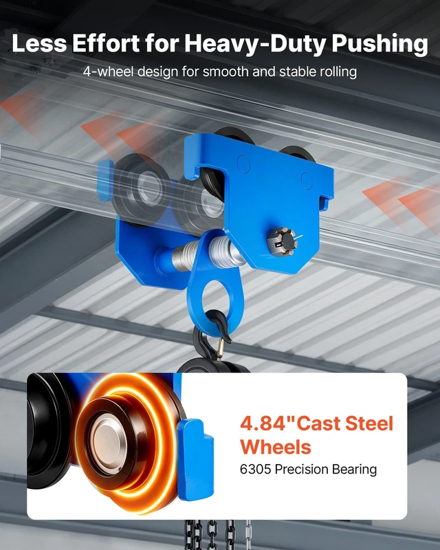 Alt view image 4 of 8 - VEVOR Manual Trolley, 6600 lbs/3 Ton Load Capacity, Push Beam Trolley with Dual Wheels, Adjustable for I-Beam Flange Width 2.5" to 8", Heavy Duty Carbon Steel Garage Hoist for Straight & Curved I Beam