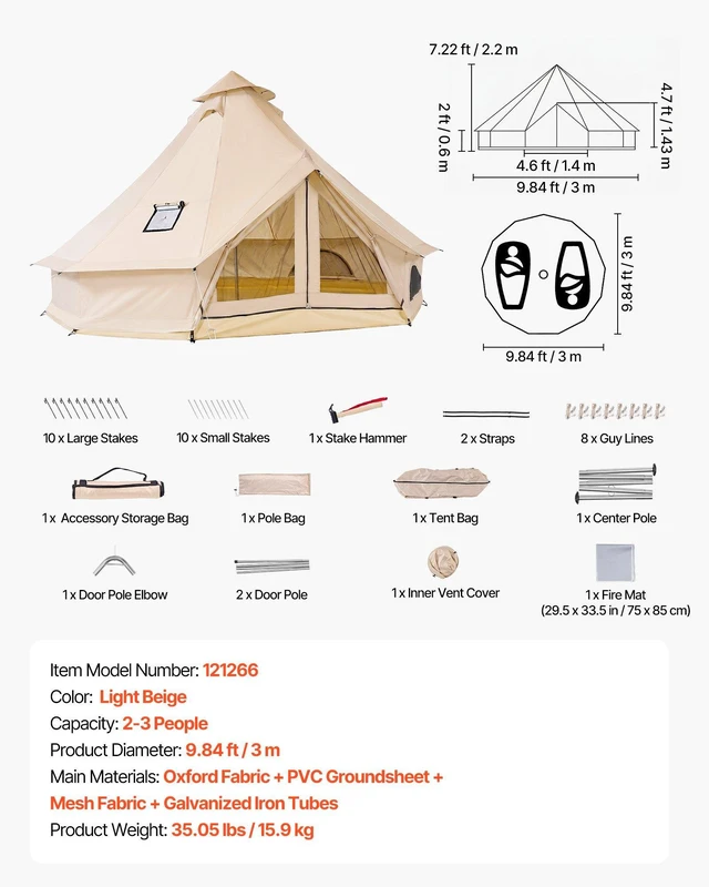 Alt view image 7 of 8 - VEVOR Oxford Bell Tent, 4 Seasons 9.84 ft Yurt Tent for Camping with Stove Jack, Waterproof Breathable Holds up to 3 People with Zipped Detachable Floor, Family Camping Glamping Outdoor Hunting Party