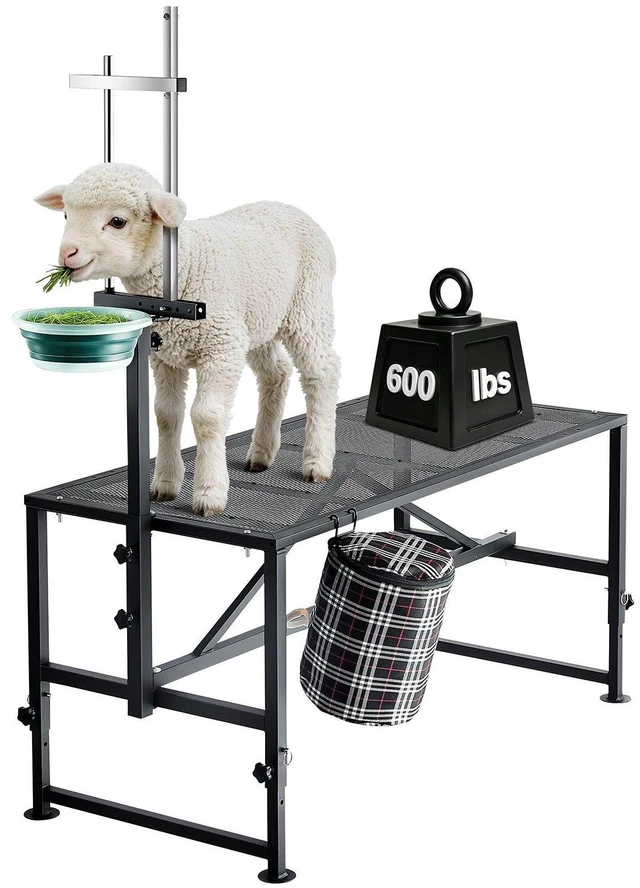 Main image of VEVOR Goat Milking Stand, 600 lbs Heavy Duty Goat Stand with Feed Bin, Adjustable Headpiece & Tool Basket, Stanchion for Grooming & Hoof Trimming, Metal Livestock Platform for Sheep, 51" x 23", Black