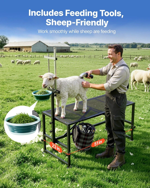 Alt view image 6 of 8 - VEVOR Goat Milking Stand, 600 lbs Heavy Duty Goat Stand with Feed Bin, Adjustable Headpiece & Tool Basket, Stanchion for Grooming & Hoof Trimming, Metal Livestock Platform for Sheep, 51" x 23", Black