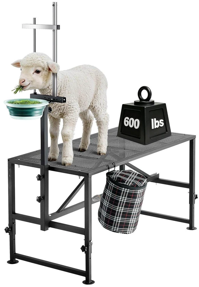 Main image of VEVOR Goat Milking Stand, 600 lbs Heavy Duty Goat Stand with Feed Bin, Adjustable Headpiece & Tool Basket, Stanchion for Grooming & Hoof Trimming, Metal Livestock Platform for Sheep, 47" x 23", Black