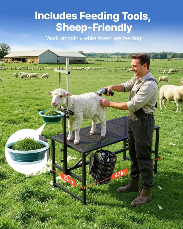 Alt view image 6 of 8 - VEVOR Goat Milking Stand, 600 lbs Heavy Duty Goat Stand with Feed Bin, Adjustable Headpiece & Tool Basket, Stanchion for Grooming & Hoof Trimming, Metal Livestock Platform for Sheep, 47" x 23", Black