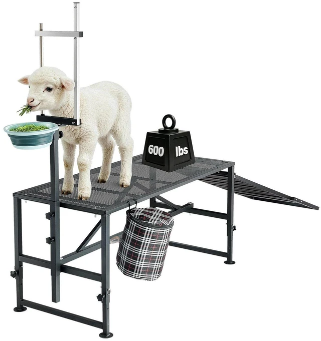 Main image of VEVOR Goat Milking Stand, 600 lbs Heavy Duty Goat Stand with Ramp & Feed Bin, Adjustable Headpiece & Tool Basket, Stanchion for Grooming & Hoof Trimming, Metal Livestock Platform for Sheep Lamb, Black