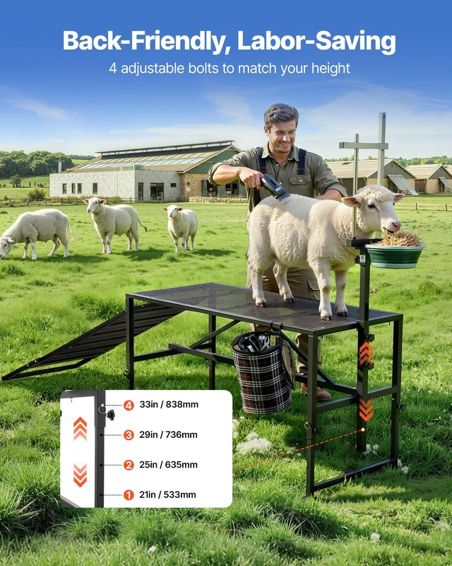 Alt view image 4 of 8 - VEVOR Goat Milking Stand, 600 lbs Heavy Duty Goat Stand with Ramp & Feed Bin, Adjustable Headpiece & Tool Basket, Stanchion for Grooming & Hoof Trimming, Metal Livestock Platform for Sheep Lamb, Black