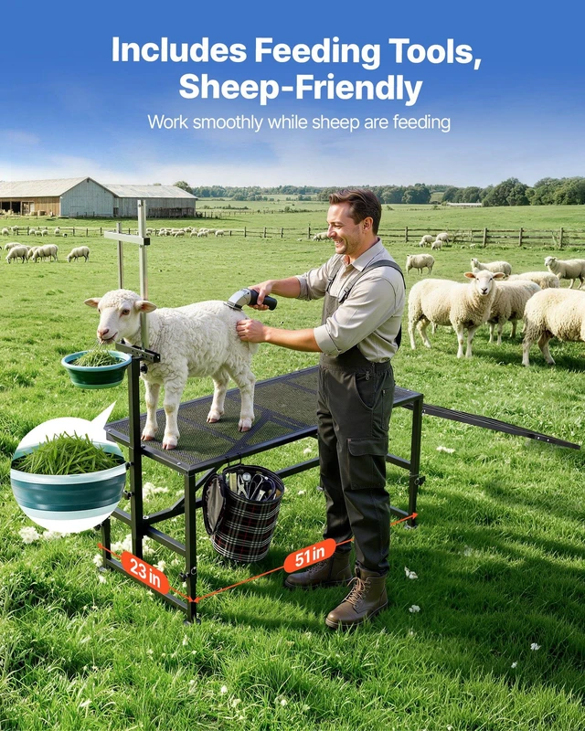 Alt view image 6 of 8 - VEVOR Goat Milking Stand, 600 lbs Heavy Duty Goat Stand with Ramp & Feed Bin, Adjustable Headpiece & Tool Basket, Stanchion for Grooming & Hoof Trimming, Metal Livestock Platform for Sheep Lamb, Black