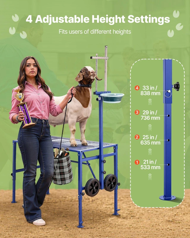 Alt view image 6 of 8 - VEVOR Goat Milking Stand, 600 lbs Heavy Duty Foldable Goat Stand with Feed Bin & Wheels, Adjustable Headpiece & Tool Basket, Stanchion for Grooming & Hoof Trimming, Metal Livestock Platform for Sheep