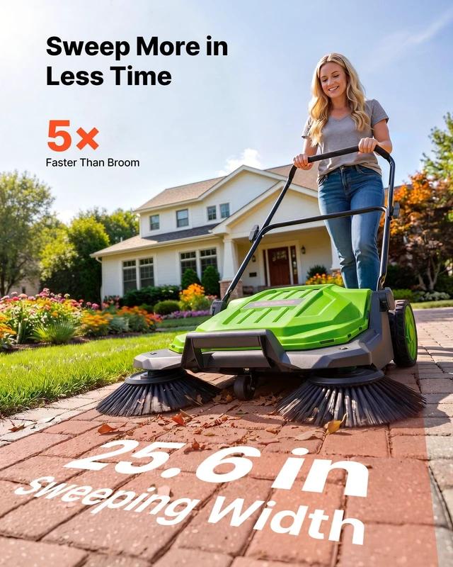 Alt view image 2 of 8 - VEVOR Walk-Behind Hand Push Floor Sweeper, Manual Floor Sweeper Non-Electric with 25.6" Sweeping Width, 5 Gallons Waste Container & Adjustable Folding Handle for Yards Walkways Patios Garages - Green