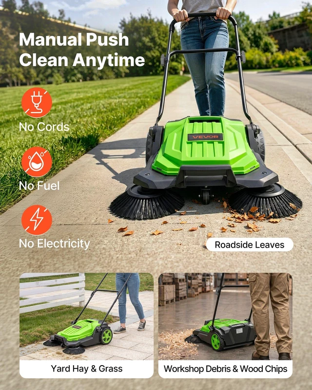 Alt view image 3 of 8 - VEVOR Walk-Behind Hand Push Floor Sweeper, Manual Floor Sweeper Non-Electric with 25.6" Sweeping Width, 5 Gallons Waste Container & Adjustable Folding Handle for Yards Walkways Patios Garages - Green