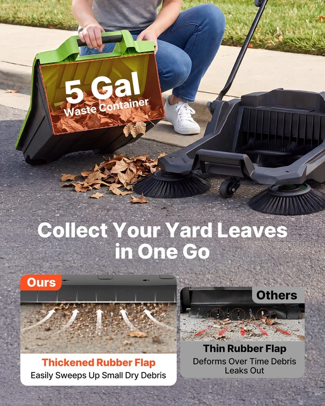 Alt view image 4 of 8 - VEVOR Walk-Behind Hand Push Floor Sweeper, Manual Floor Sweeper Non-Electric with 25.6" Sweeping Width, 5 Gallons Waste Container & Adjustable Folding Handle for Yards Walkways Patios Garages - Green
