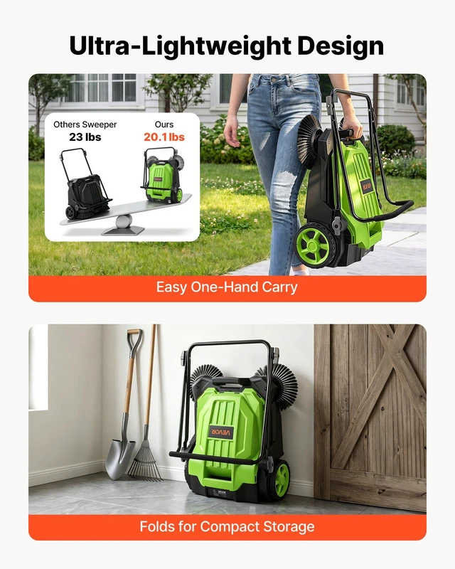 Alt view image 5 of 8 - VEVOR Walk-Behind Hand Push Floor Sweeper, Manual Floor Sweeper Non-Electric with 25.6" Sweeping Width, 5 Gallons Waste Container & Adjustable Folding Handle for Yards Walkways Patios Garages - Green