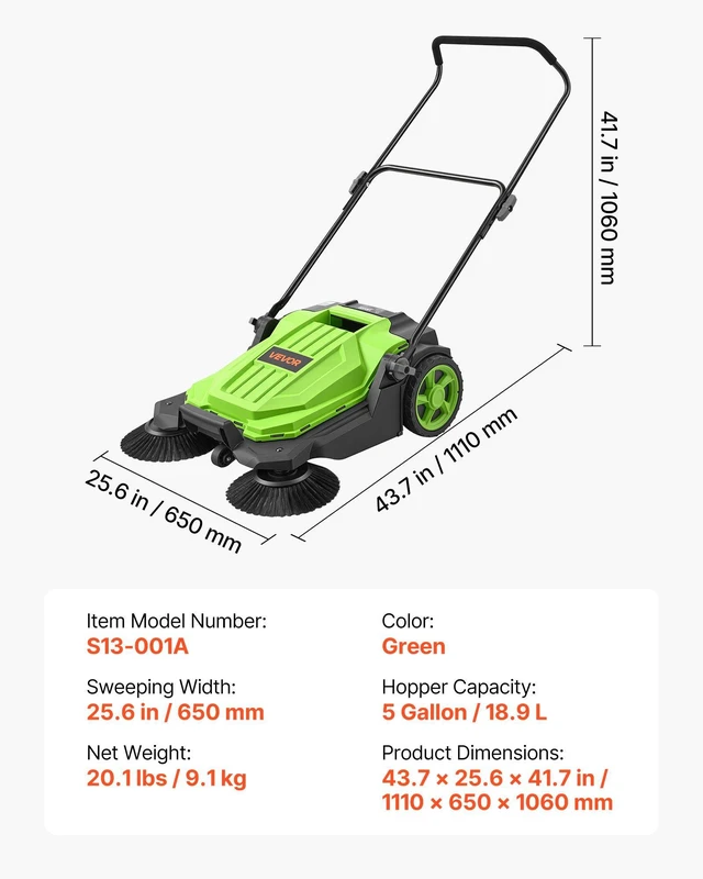 Alt view image 7 of 8 - VEVOR Walk-Behind Hand Push Floor Sweeper, Manual Floor Sweeper Non-Electric with 25.6" Sweeping Width, 5 Gallons Waste Container & Adjustable Folding Handle for Yards Walkways Patios Garages - Green