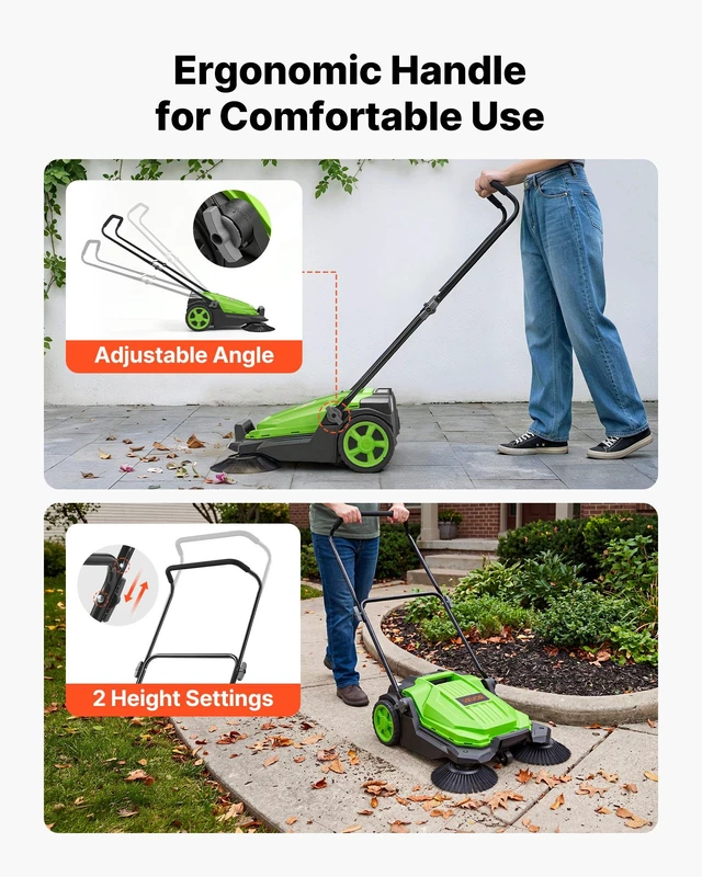 Alt view image 6 of 8 - VEVOR Walk-Behind Hand Push Floor Sweeper, Manual Floor Sweeper Non-Electric with 25.6" Sweeping Width, 5 Gallons Waste Container & Adjustable Folding Handle for Yards Walkways Patios Garages - Green