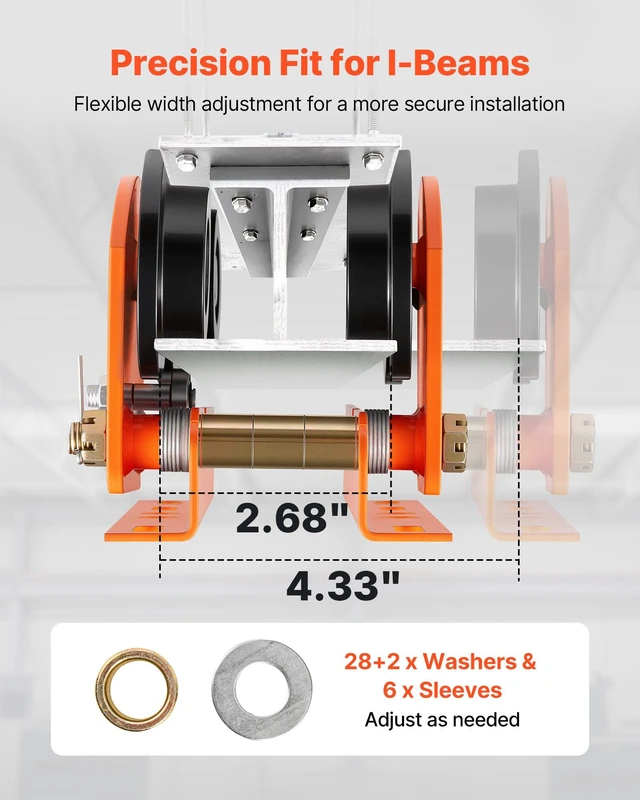 Alt view image 2 of 8 - VEVOR Electric Hoist Manual Trolley, 2200 lbs/1 Ton Load for PA600 PA700 PA800 PA900 PA1000, Push Beam Trolley with Dual Wheels, 2.68"-4.33" Adjustable Beam Flange Width for Straight & Curved I-Beam