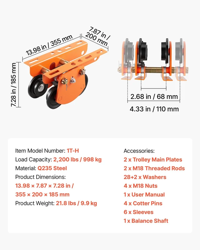 Alt view image 7 of 8 - VEVOR Electric Hoist Manual Trolley, 2200 lbs/1 Ton Load for PA600 PA700 PA800 PA900 PA1000, Push Beam Trolley with Dual Wheels, 2.68"-4.33" Adjustable Beam Flange Width for Straight & Curved I-Beam